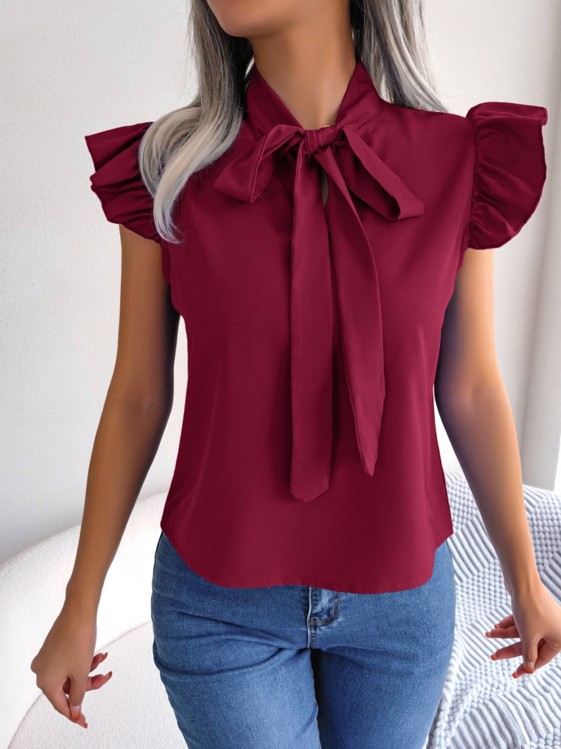 Tie Neck Cap Sleeve Blouse