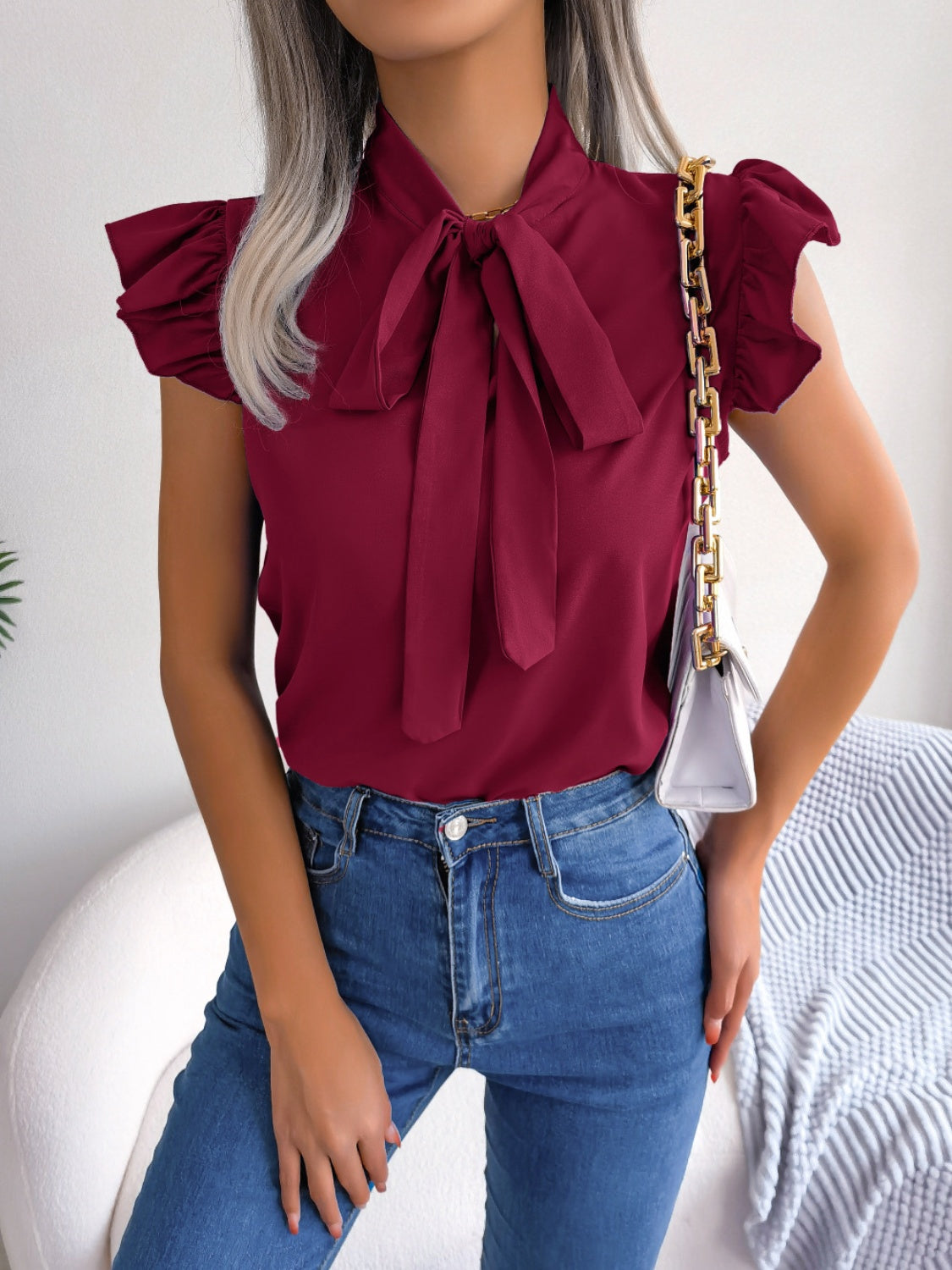 Tie Neck Cap Sleeve Blouse