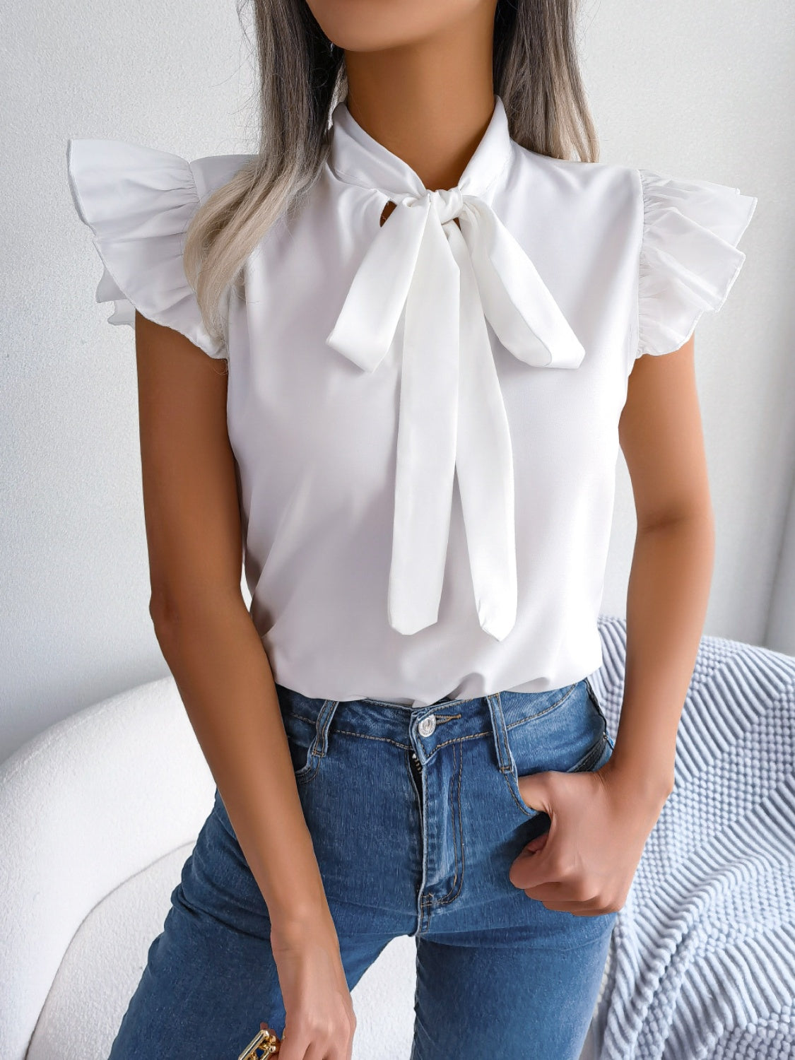 Tie Neck Cap Sleeve Blouse