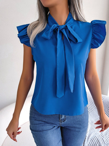 Tie Neck Cap Sleeve Blouse