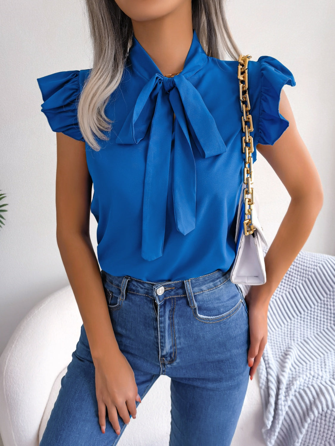 Tie Neck Cap Sleeve Blouse