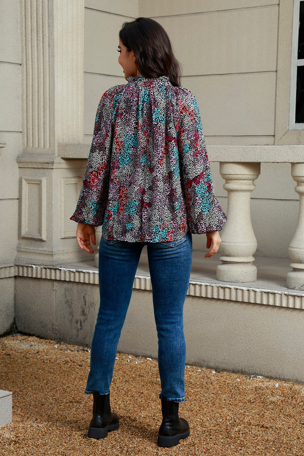 Tie Neck Heathered Balloon Sleeve Blouse