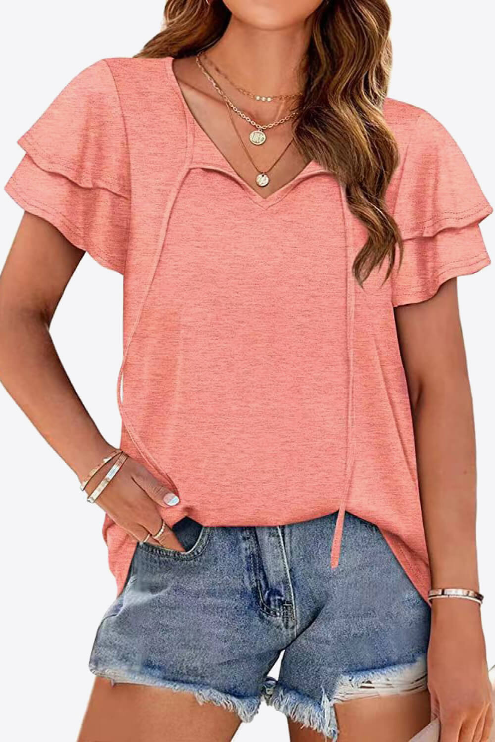 Tie-Neck Layered Flutter Sleeve Blouse