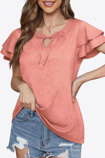 Tie-Neck Layered Flutter Sleeve Blouse