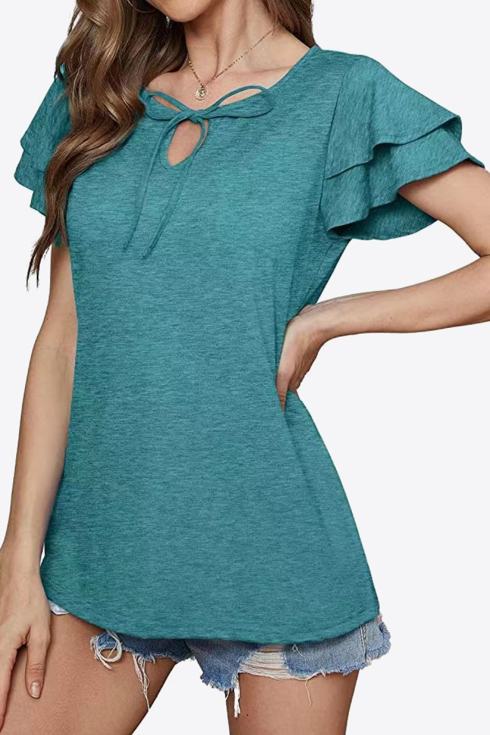 Tie-Neck Layered Flutter Sleeve Blouse