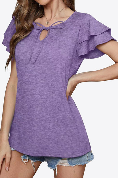 Tie-Neck Layered Flutter Sleeve Blouse