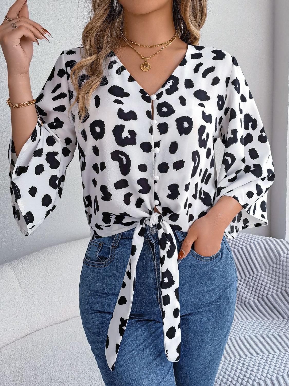 Tied Button Up Leopard V-Neck Blouse