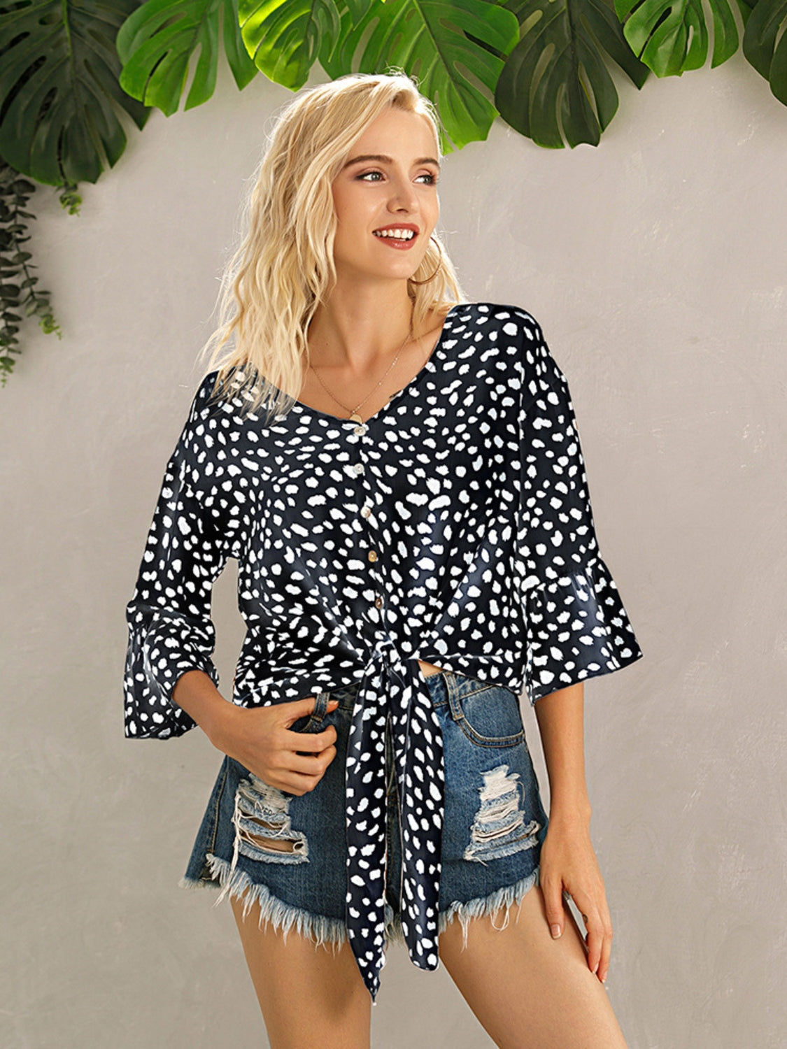 Tied Printed Button Up V-Neck Blouse