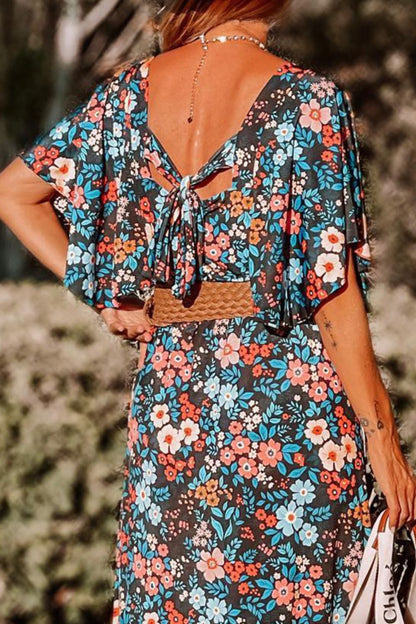 Tied Printed Round Neck Half Sleeve Dress