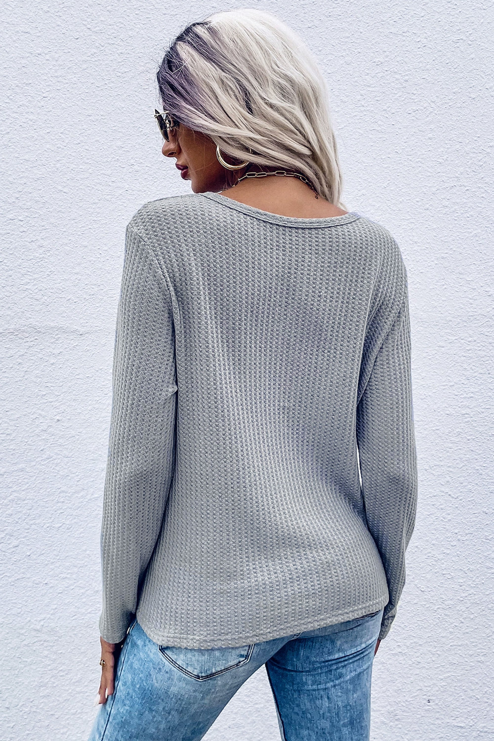 Twist Front Long Sleeve Waffle Knit Top