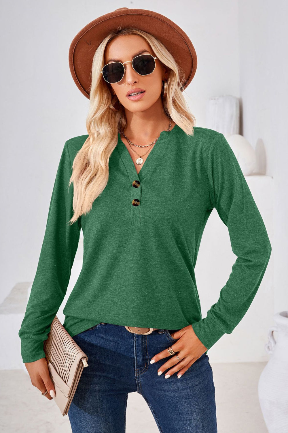 V-Neck Buttoned Long Sleeve Blouse