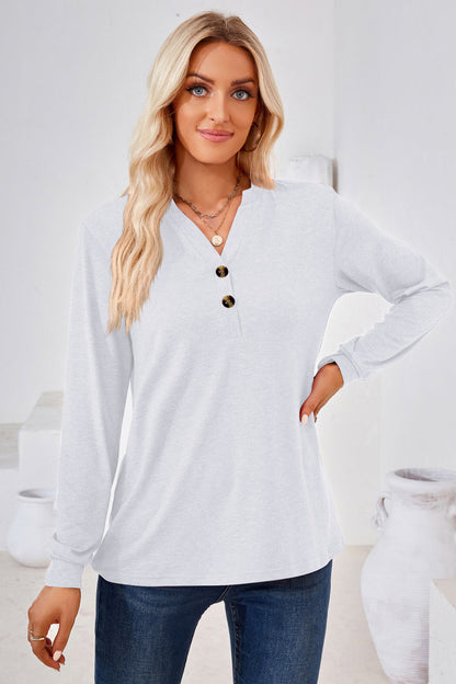 V-Neck Buttoned Long Sleeve Blouse