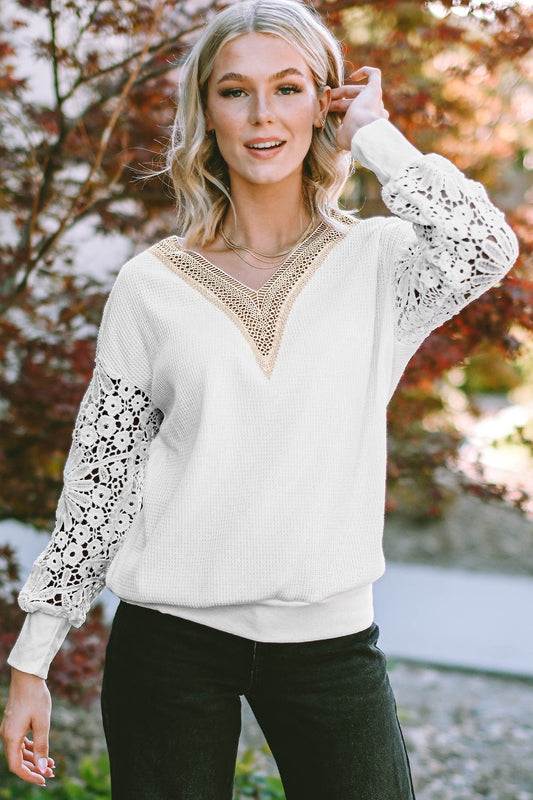 V-Neck Crochet Long Sleeve Blouse