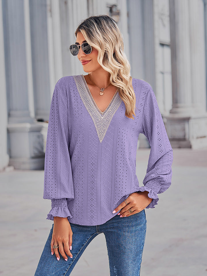 V-Neck Eyelet Flounce Sleeve Blouse