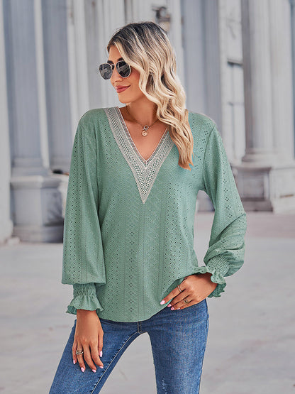 V-Neck Eyelet Flounce Sleeve Blouse