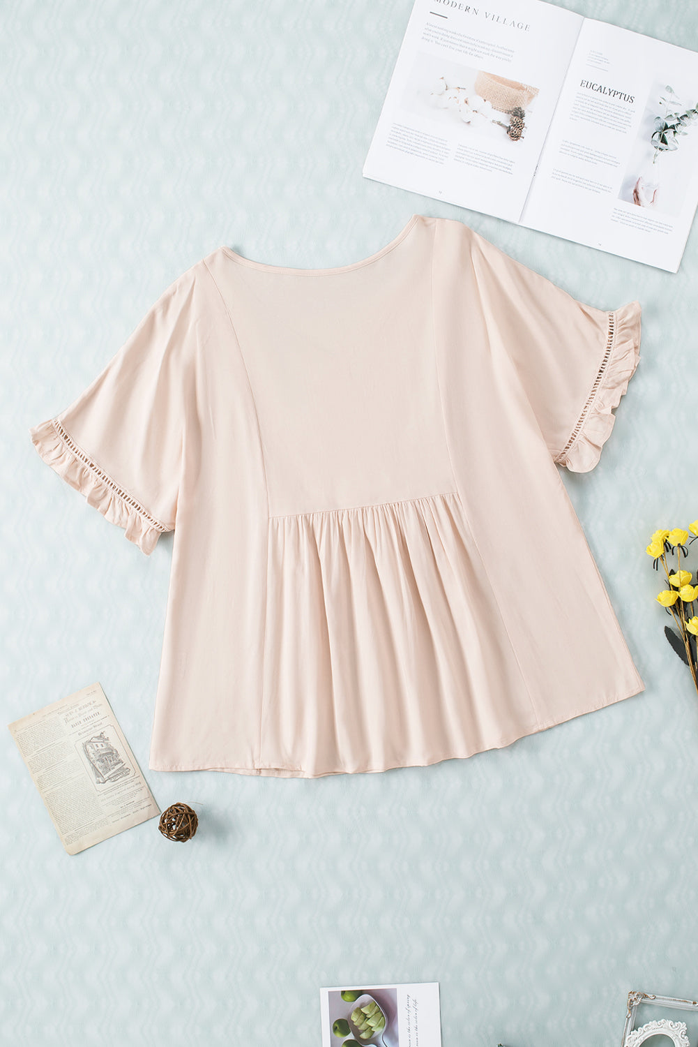 V-Neck Flounce Sleeve Babydoll Blouse