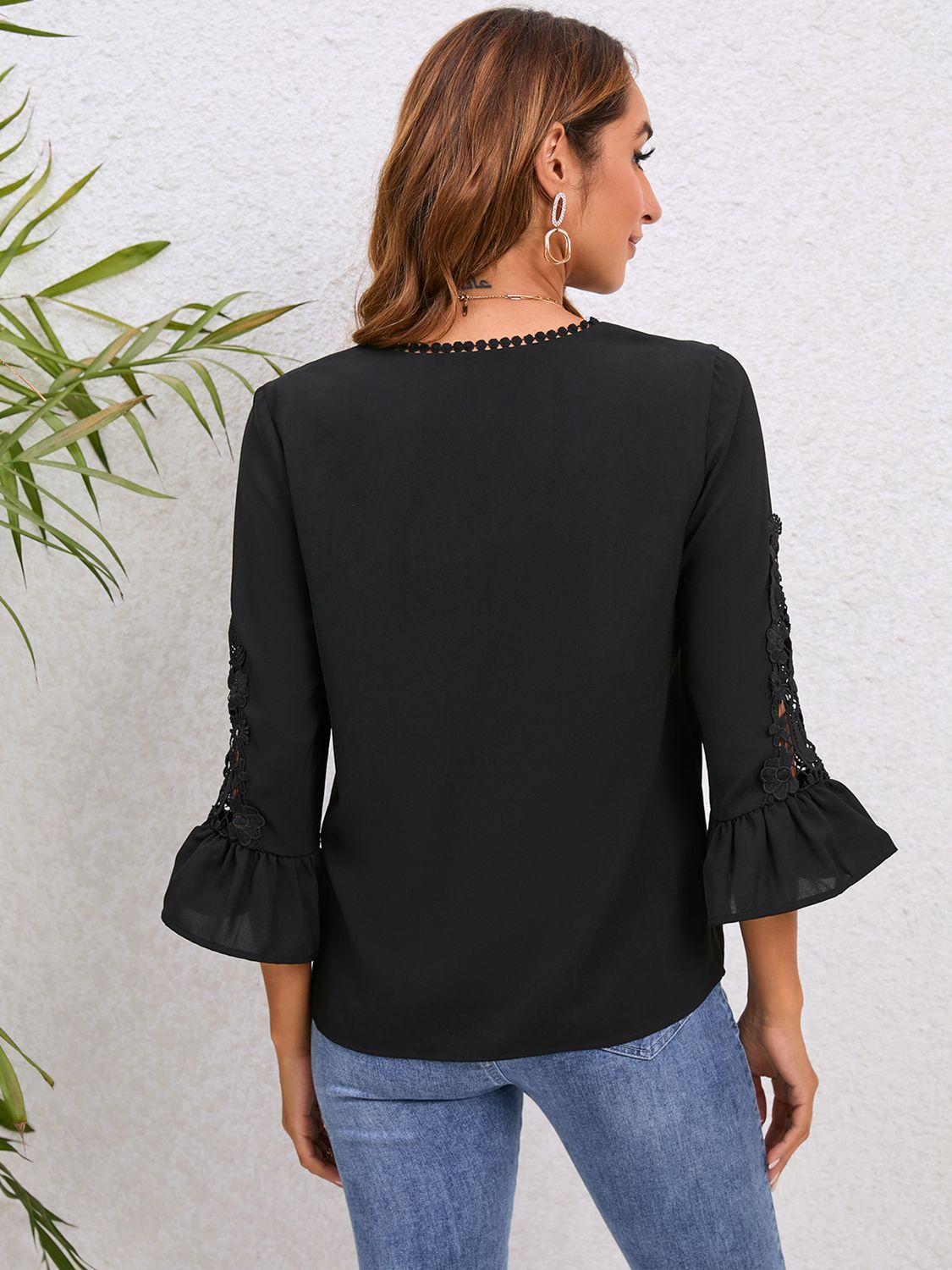 V-Neck Lace Detail Flounce Sleeve Blouse