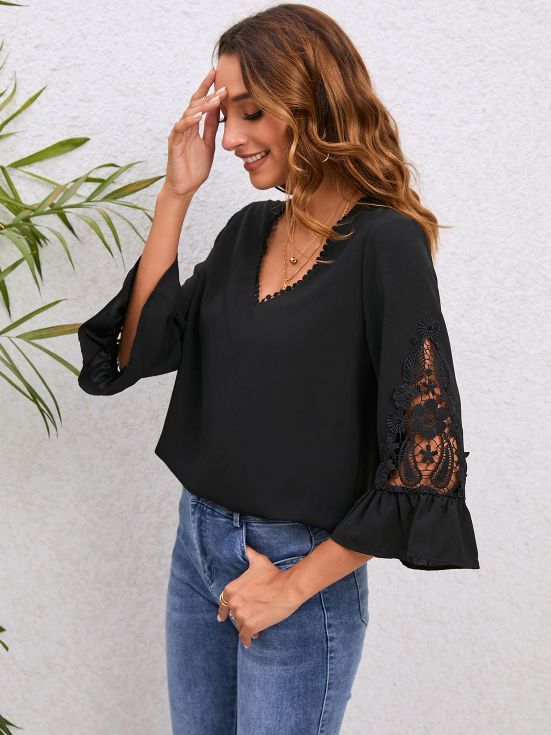 V-Neck Lace Detail Flounce Sleeve Blouse