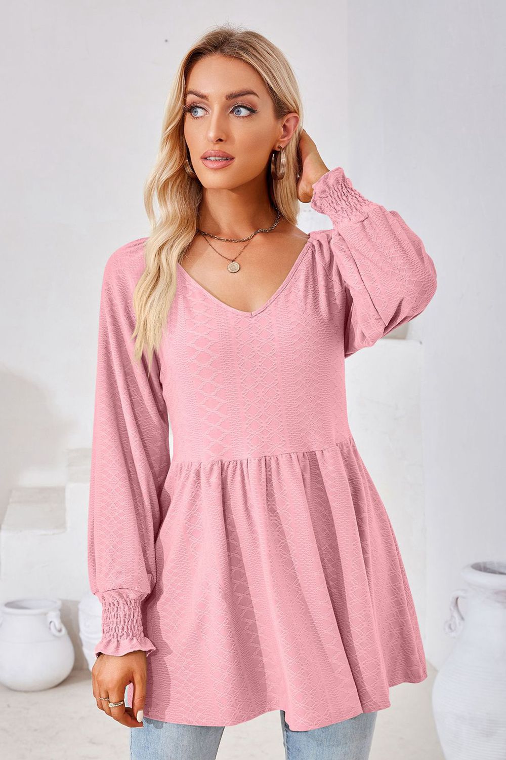 V-Neck Lantern Sleeve Blouse