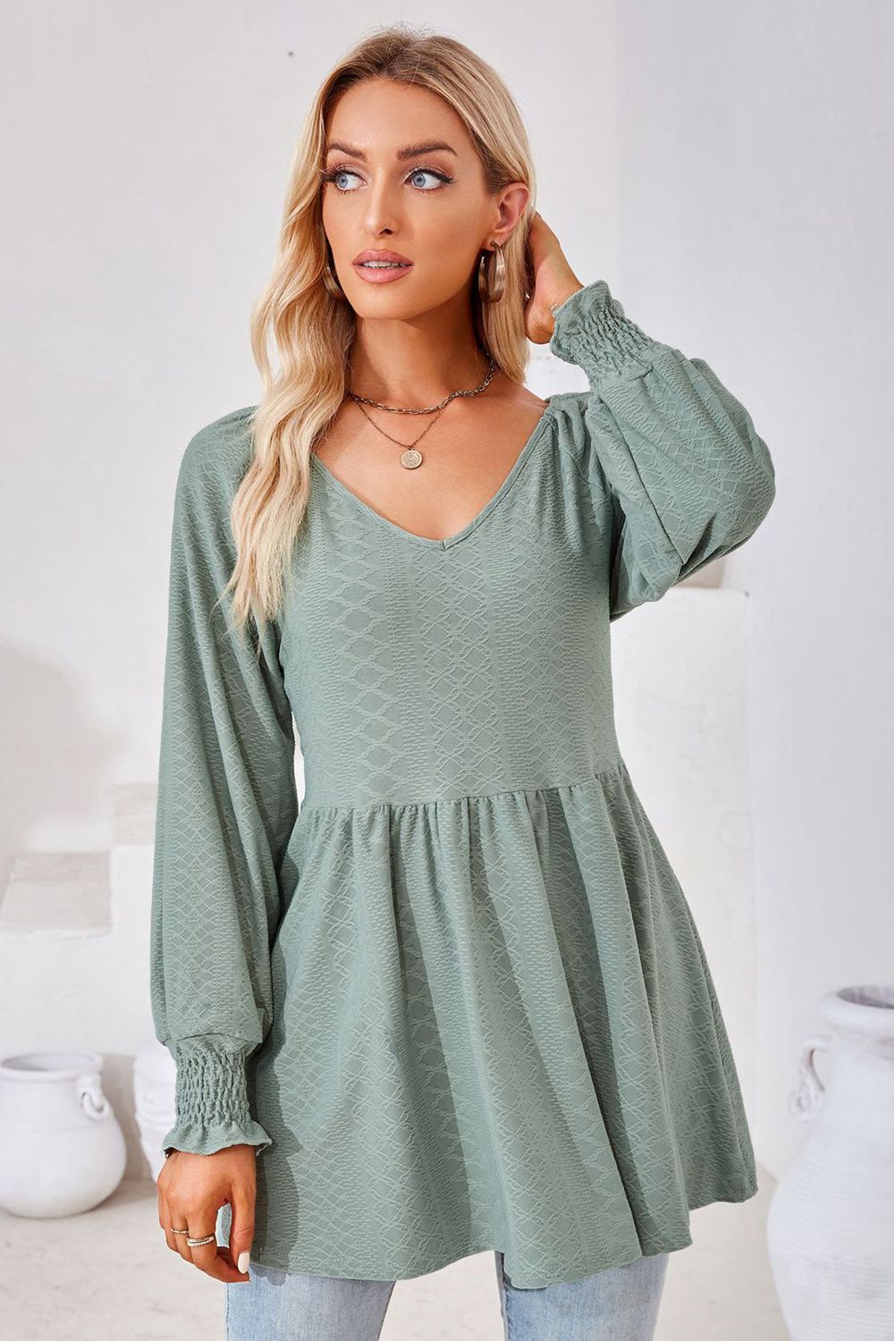 V-Neck Lantern Sleeve Blouse