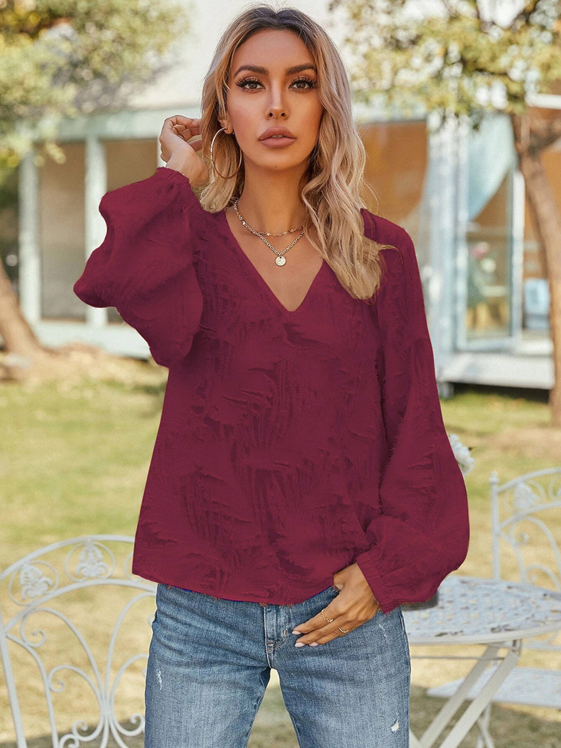 V-Neck Long Sleeve Blouse