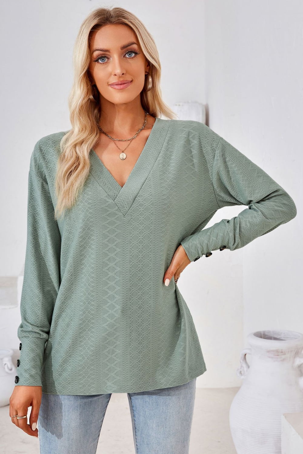 V-Neck Long Sleeve Blouse