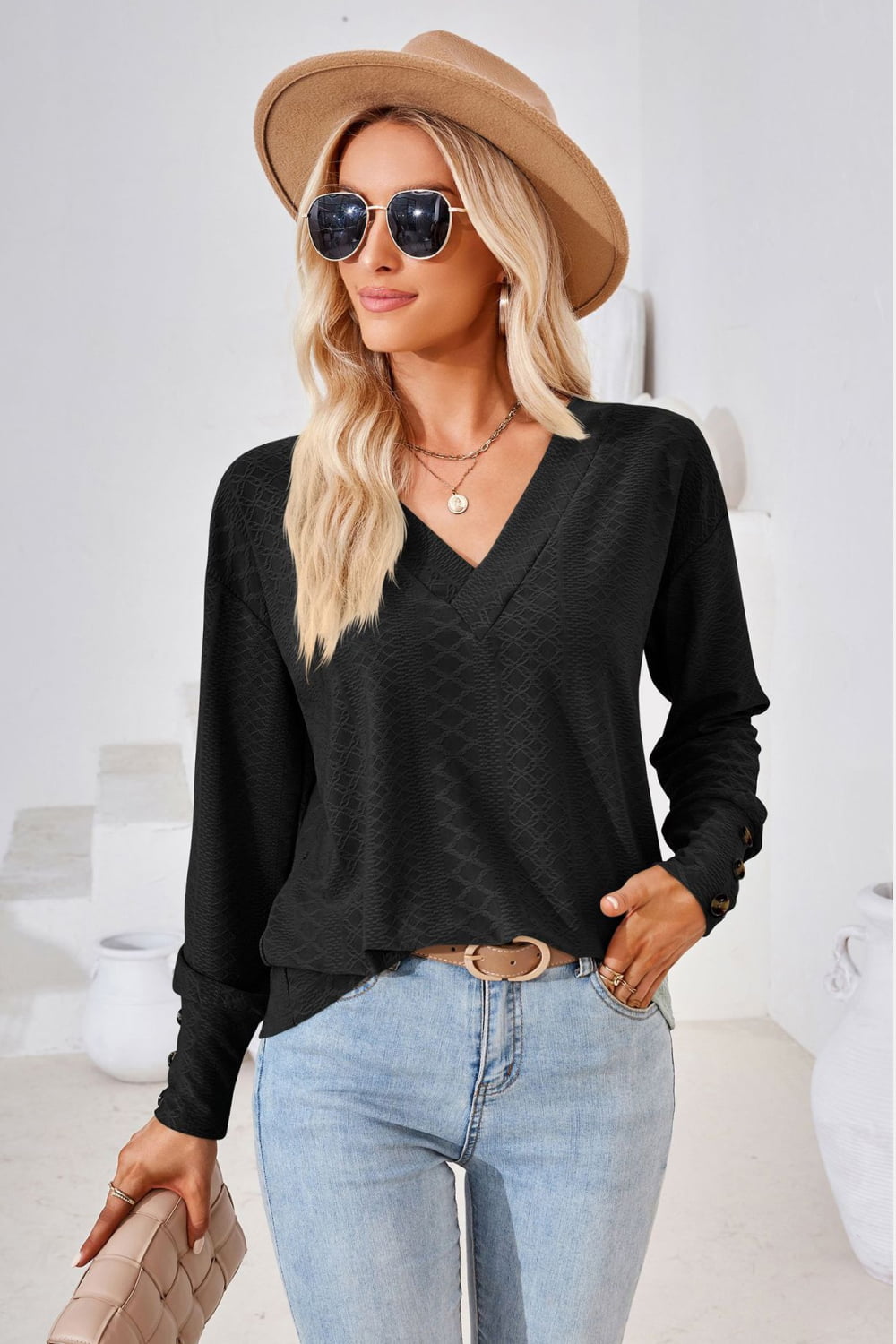 V-Neck Long Sleeve Blouse