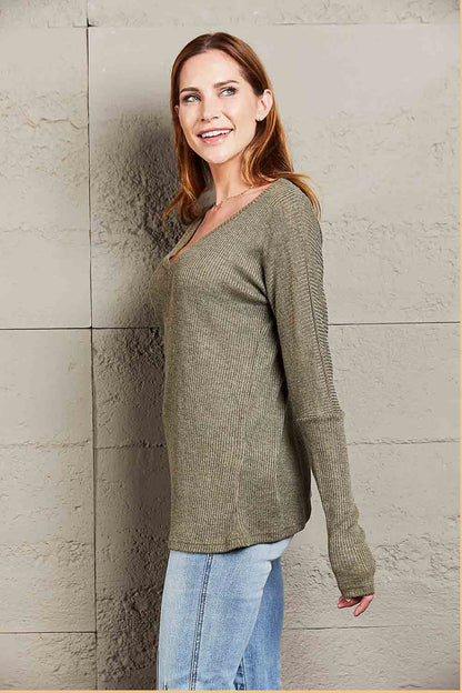 V-Neck Long Sleeve Ribbed Top