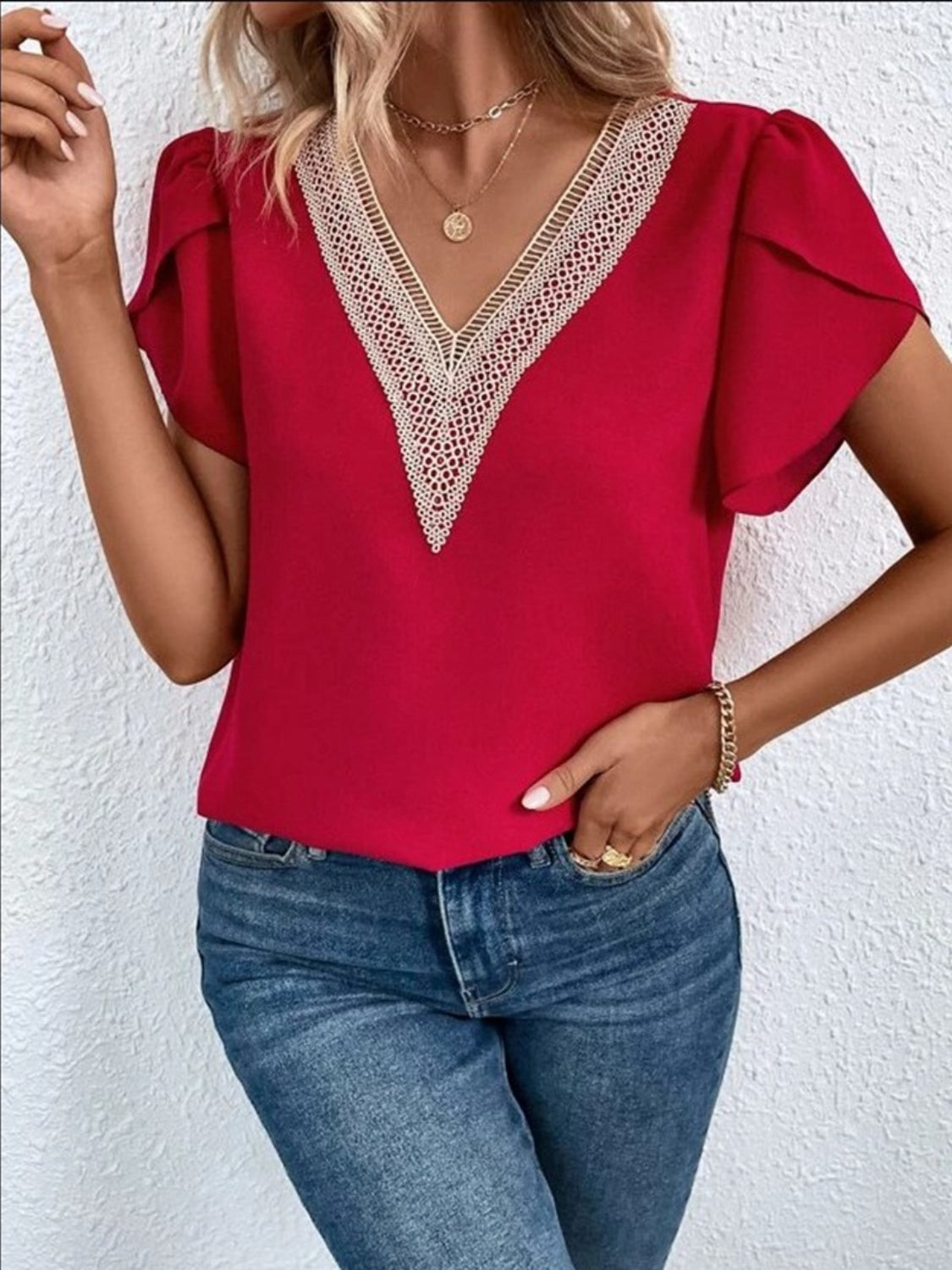 V-Neck Petal Sleeve Blouse