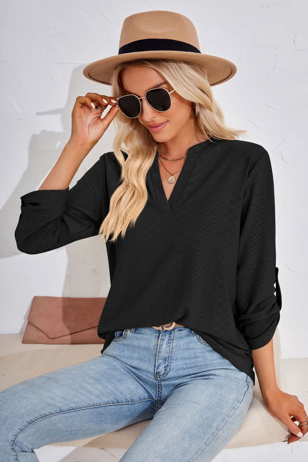 V-Neck Roll-Tap Sleeve Blouse