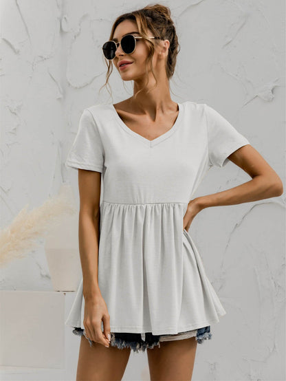 V-Neck Short Sleeve Babydoll Top