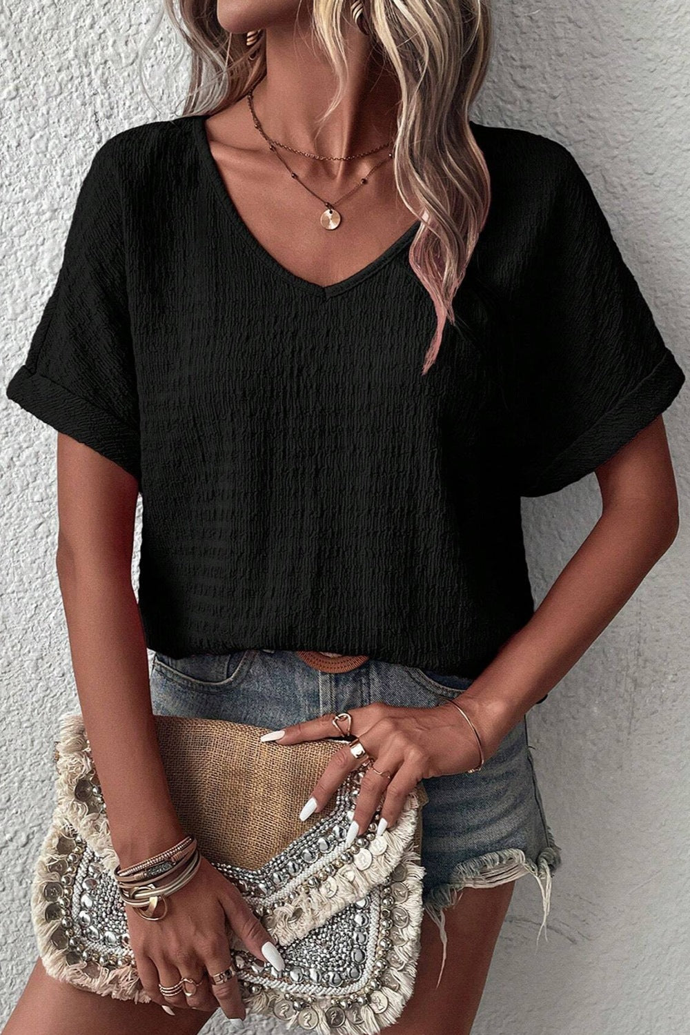 V-Neck Short Sleeve Blouse