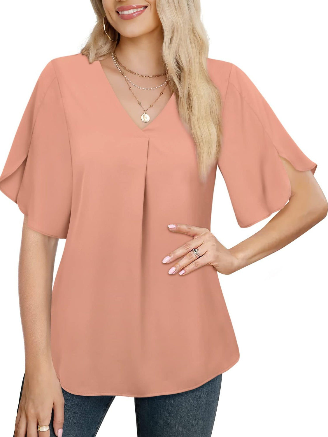 V-Neck Slit Half Sleeve Blouse