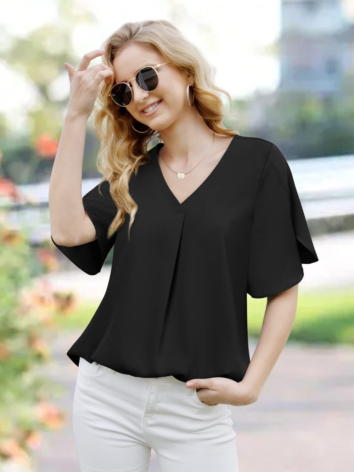 V-Neck Slit Half Sleeve Blouse