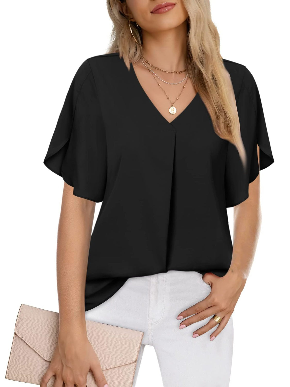 V-Neck Slit Half Sleeve Blouse