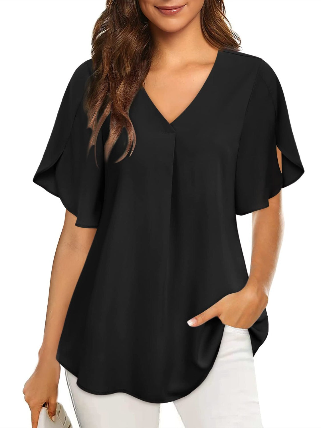 V-Neck Slit Half Sleeve Blouse