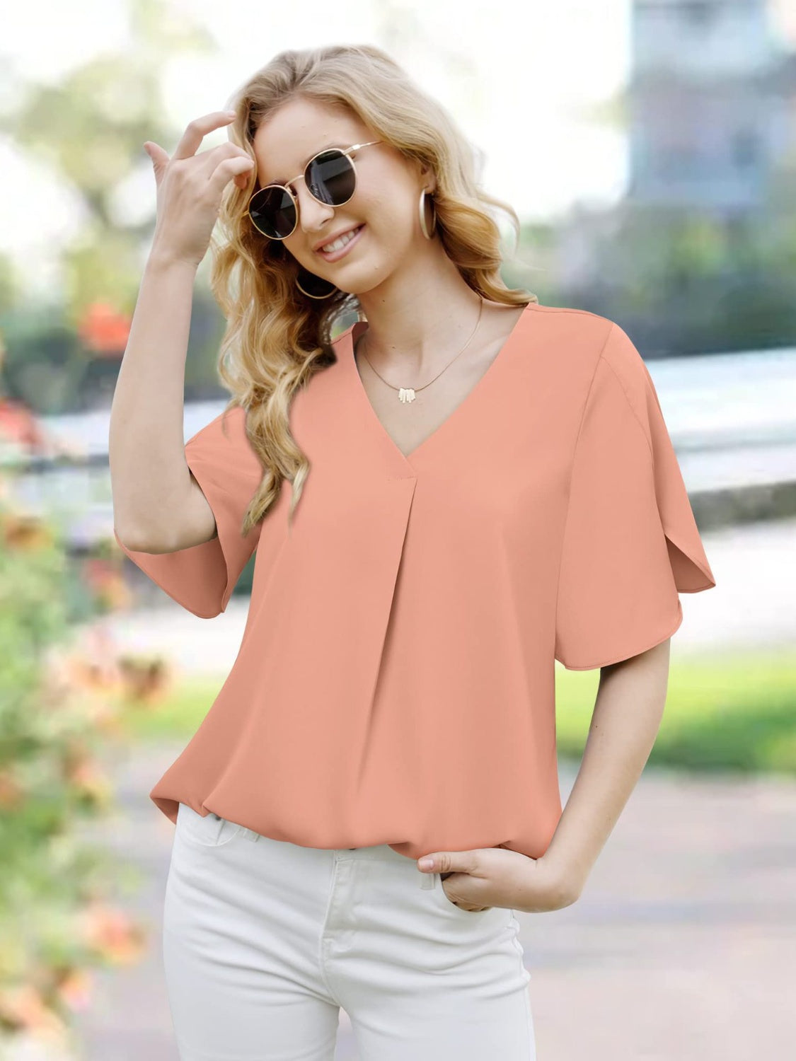 V-Neck Slit Half Sleeve Blouse