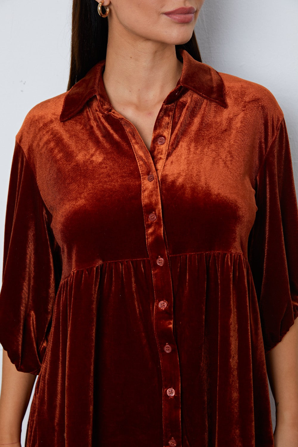 Velvet Tiered Button Up Collared Neck Shirt