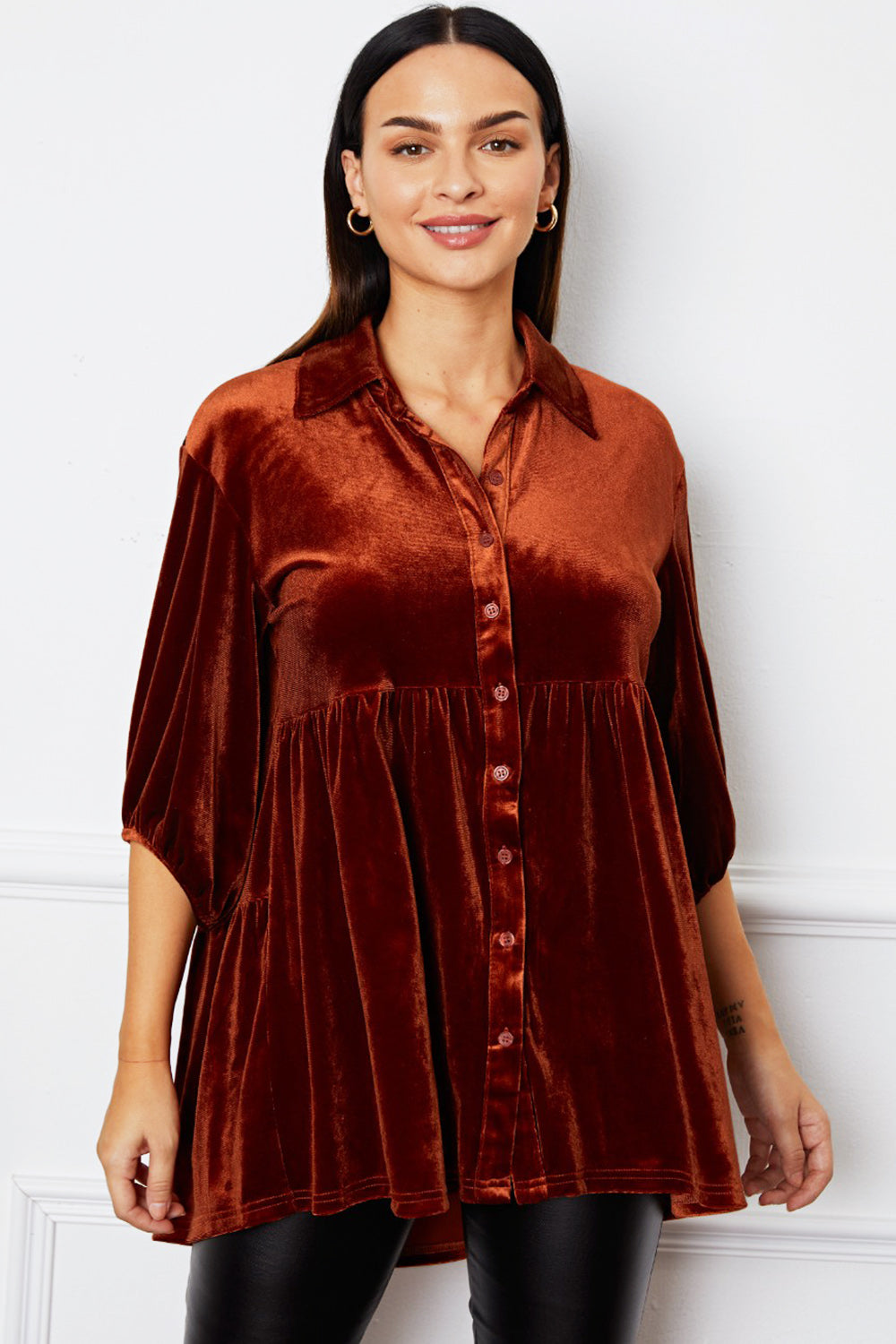 Velvet Tiered Button Up Collared Neck Shirt