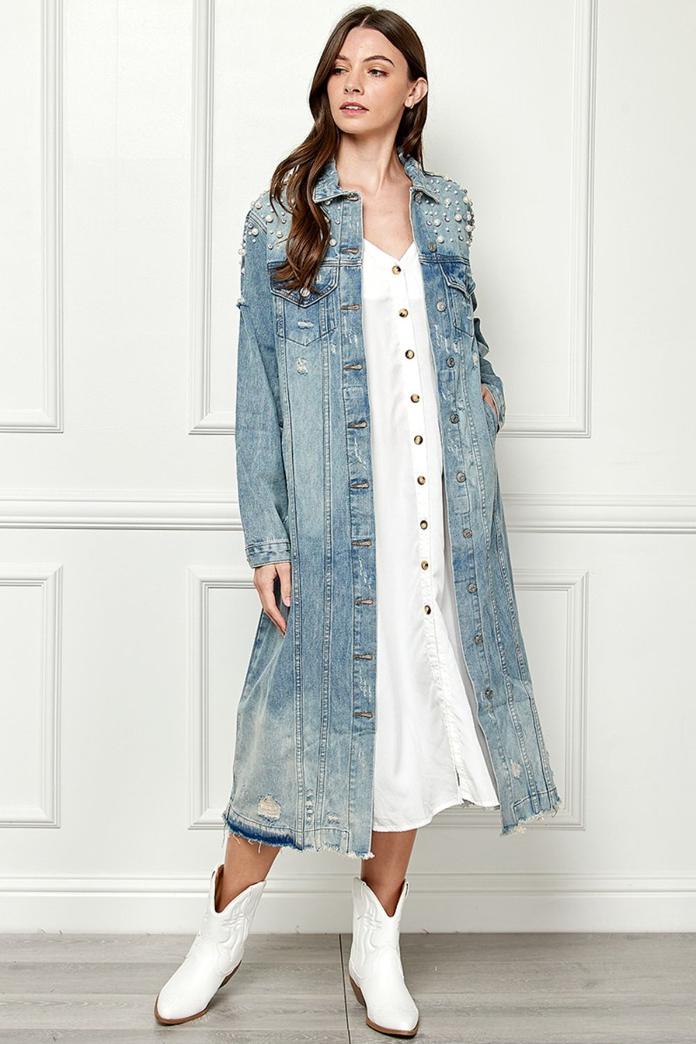 Veveret Full Size Distressed Raw Hem Pearl Detail Button Up Jacket