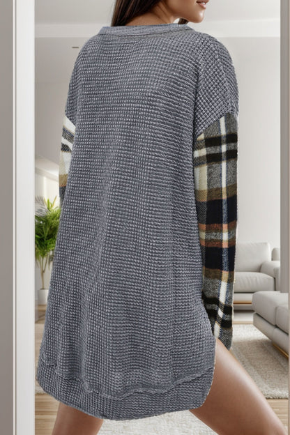 Waffle-Knit Pocketed Plaid Dropped Shoulder Blouse