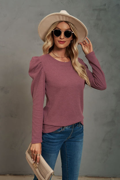 Waffle-Knit Puff Sleeve Round Neck Top