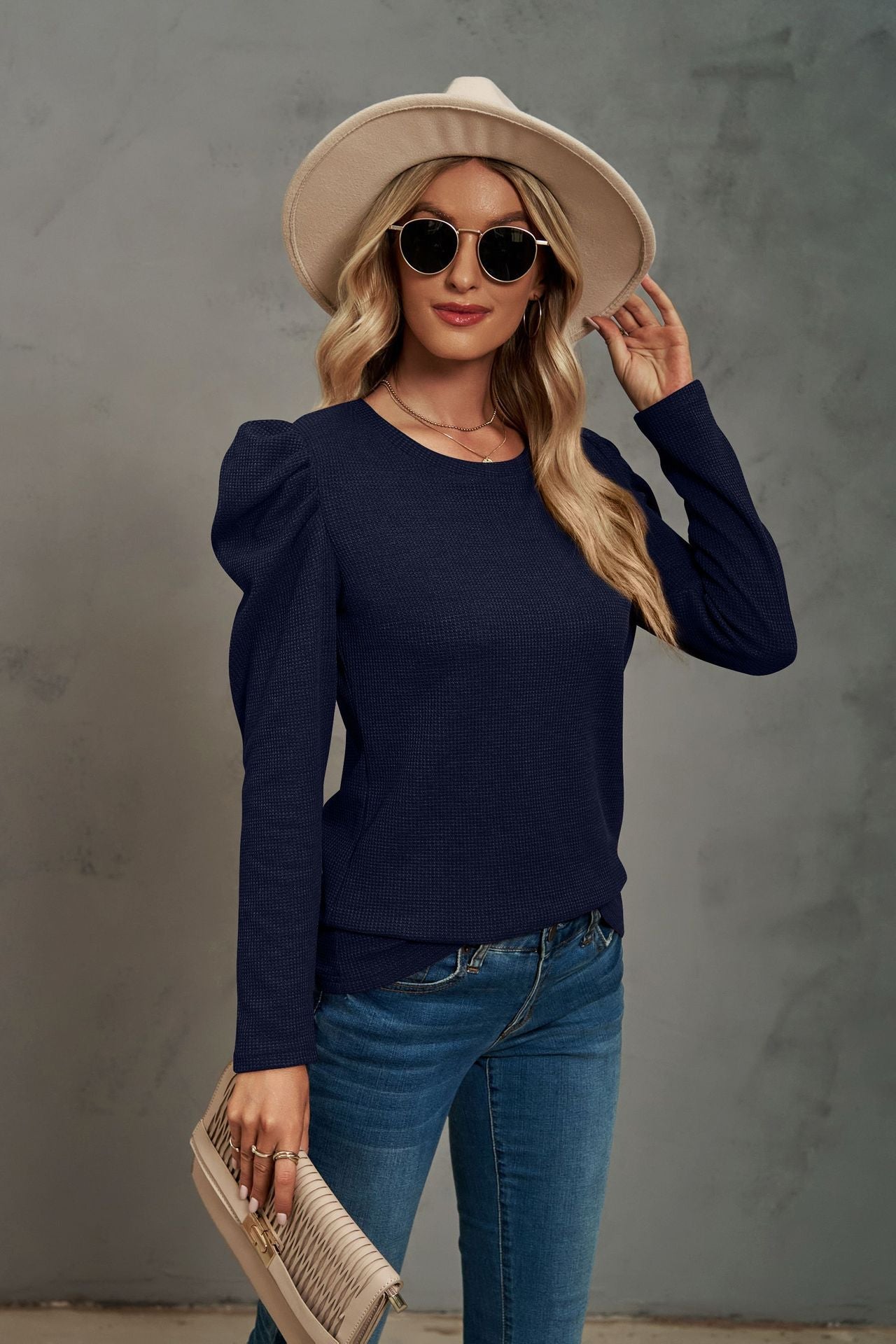 Waffle-Knit Puff Sleeve Round Neck Top