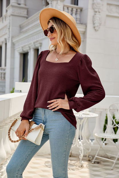 Waffle-Knit Puff Sleeve Square Neck Top