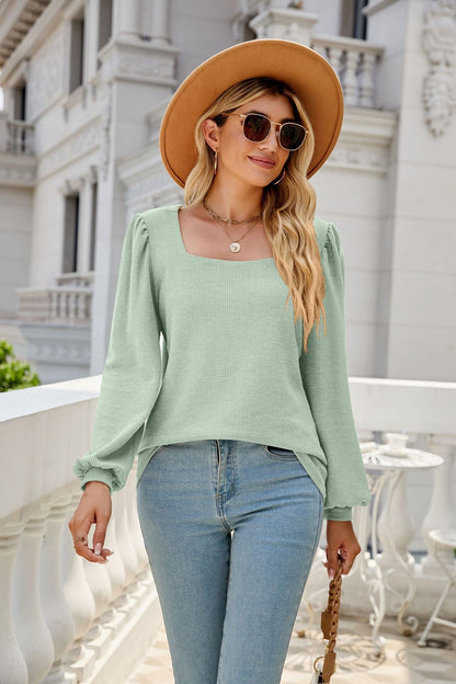 Waffle-Knit Puff Sleeve Square Neck Top