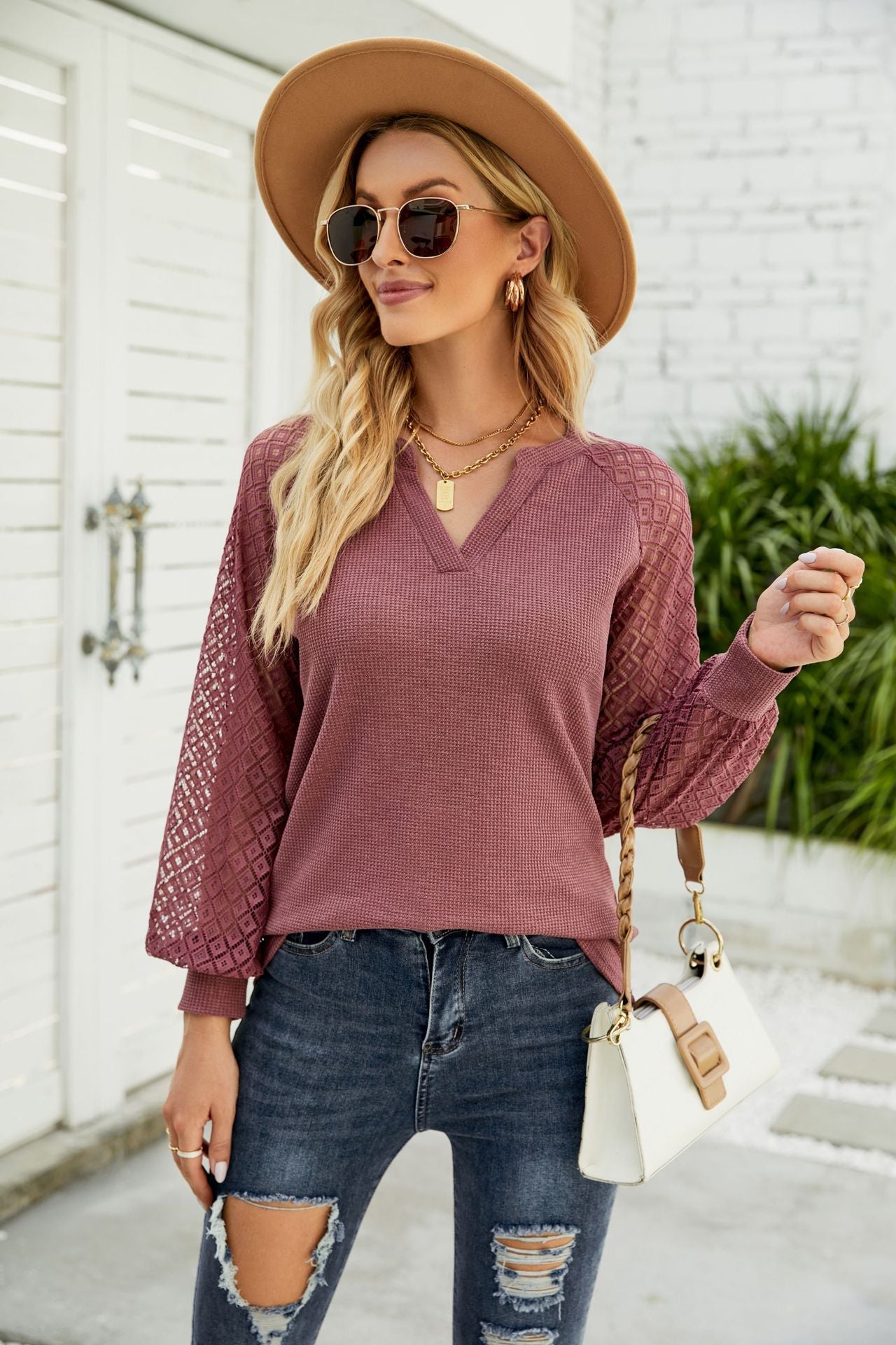 Waffle-Knit Spliced Lace Notched Top