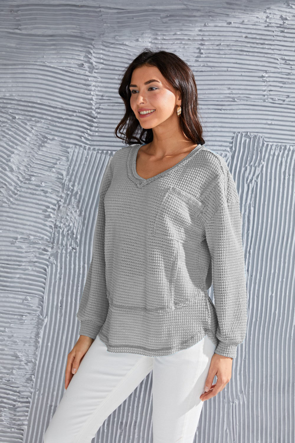 Waffle-Knit V-Neck Blouse with Breast Pocket