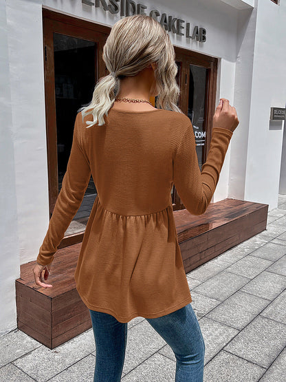 Waffle-Knit V-Neck Long Sleeve Blouse