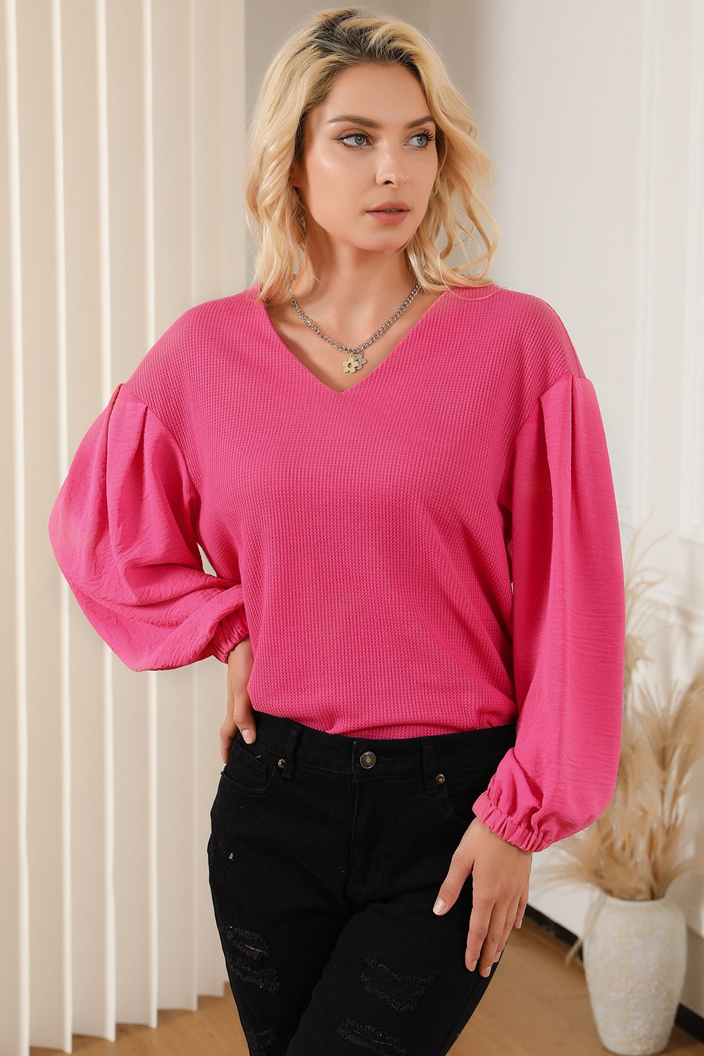 Waffle -Knit V-Neck Long Sleeve Blouse