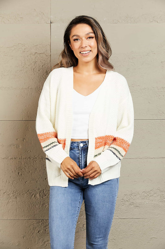 Woven Right Color Block Open Front Drop Shoulder Cardigan